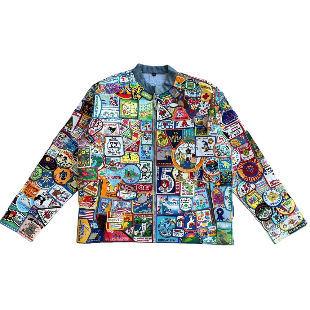 Vintage Custom‎ Patch Denim Bomber Jacket Full Zip Multi Color Small Girl Scout